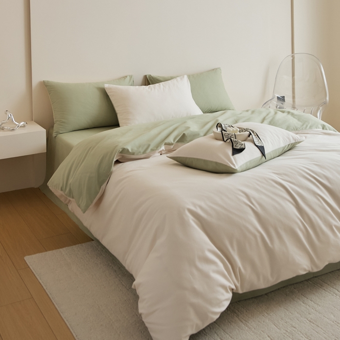 91家纺网 家纺一手货源 找家纺 眷恋家纺 2025新款A类全棉贡缎磨毛双拼色四件套 玉林