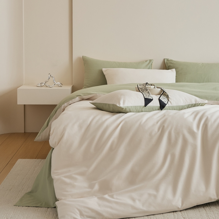 91家纺网 家纺一手货源 找家纺 眷恋家纺 2025新款A类全棉贡缎磨毛双拼色四件套 玉林