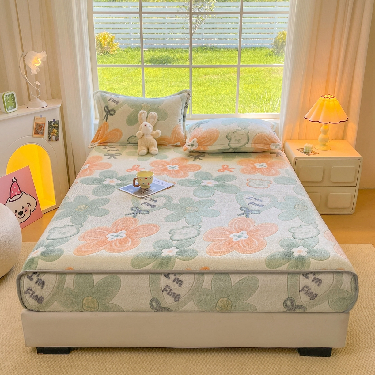 91家纺网 家纺一手货源 找家纺 牵梦萦家纺 2025新款雪花绒立体包边床笠 花梦乐园