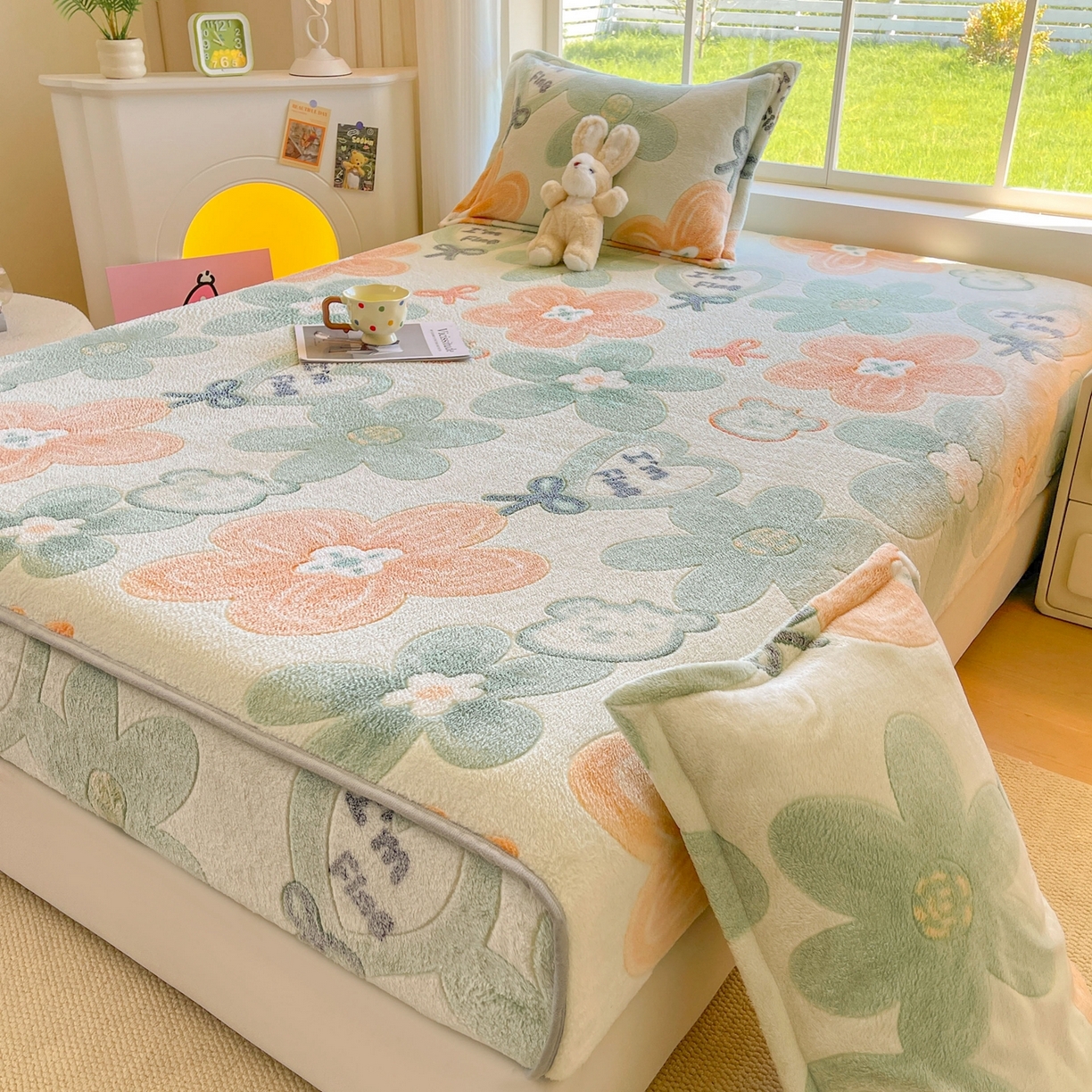 91家纺网 家纺一手货源 找家纺 牵梦萦家纺 2025新款雪花绒立体包边床笠 花梦乐园