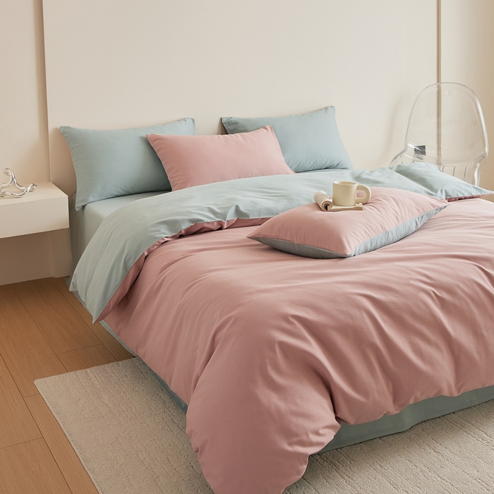 91家纺网 家纺一手货源 找家纺 眷恋家纺 2025新款A类全棉贡缎磨毛双拼色四件套 紫黛