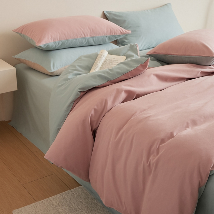 91家纺网 家纺一手货源 找家纺 眷恋家纺 2025新款A类全棉贡缎磨毛双拼色四件套 紫黛