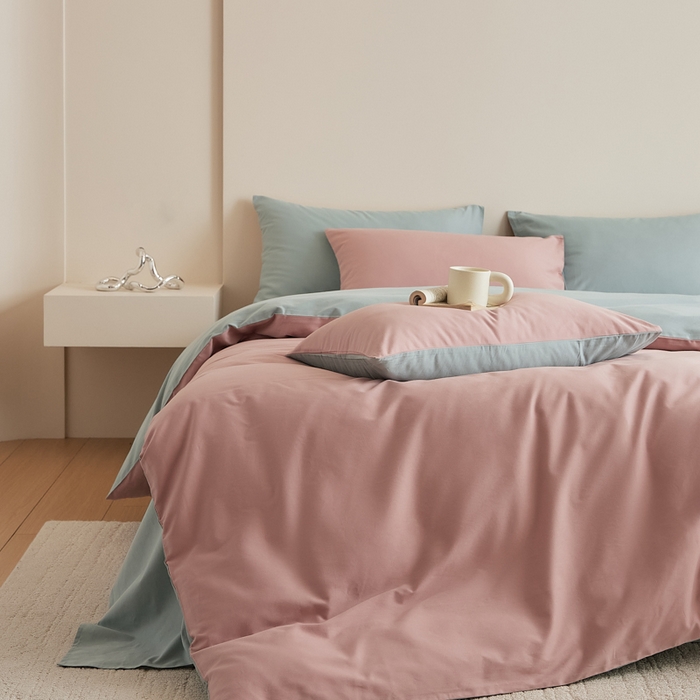 91家纺网 家纺一手货源 找家纺 眷恋家纺 2025新款A类全棉贡缎磨毛双拼色四件套 紫黛