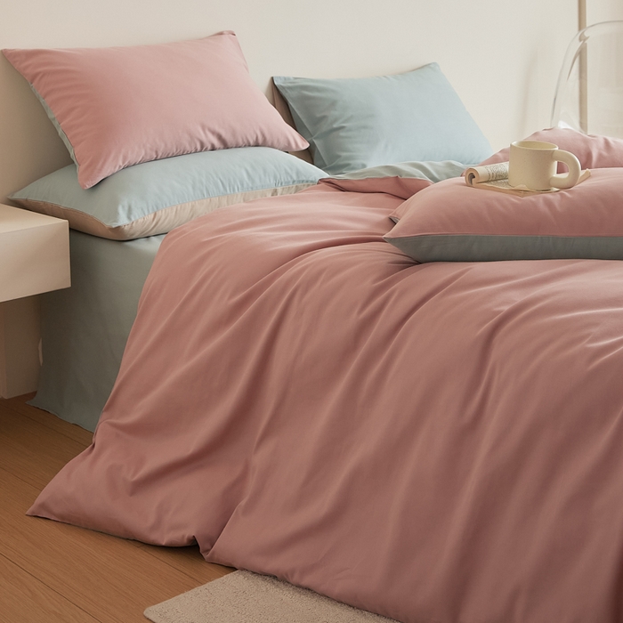 91家纺网 家纺一手货源 找家纺 眷恋家纺 2025新款A类全棉贡缎磨毛双拼色四件套 紫黛