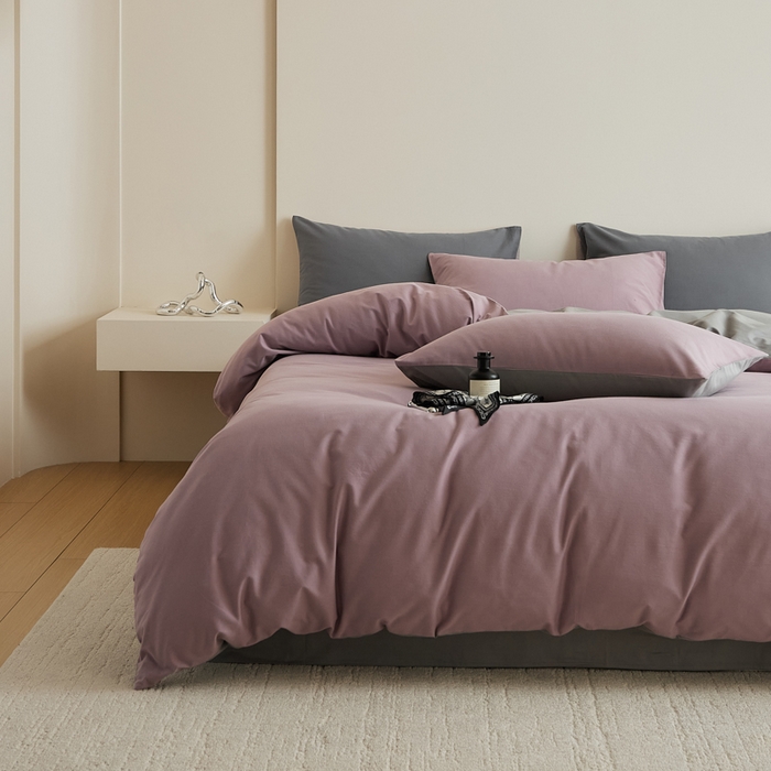 91家纺网 家纺一手货源 找家纺 眷恋家纺 2025新款A类全棉贡缎磨毛双拼色四件套 紫调