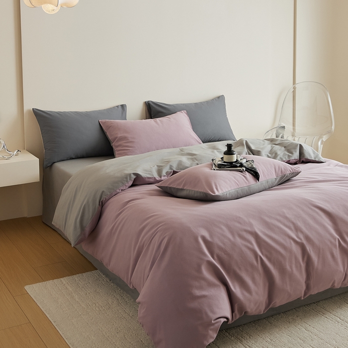 91家纺网 家纺一手货源 找家纺 眷恋家纺 2025新款A类全棉贡缎磨毛双拼色四件套 紫调