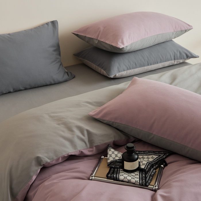 91家纺网 家纺一手货源 找家纺 眷恋家纺 2025新款A类全棉贡缎磨毛双拼色四件套 紫调