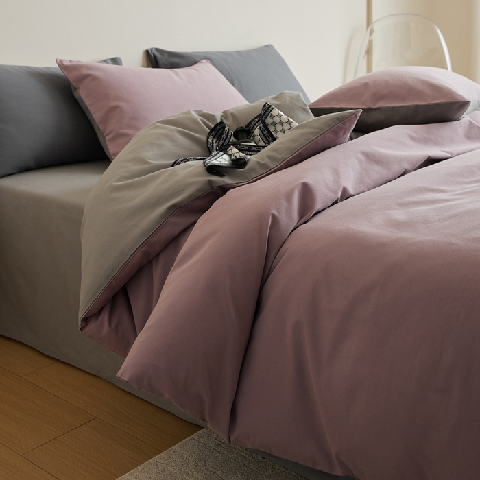 91家纺网 家纺一手货源 找家纺 眷恋家纺 2025新款A类全棉贡缎磨毛双拼色四件套 紫调