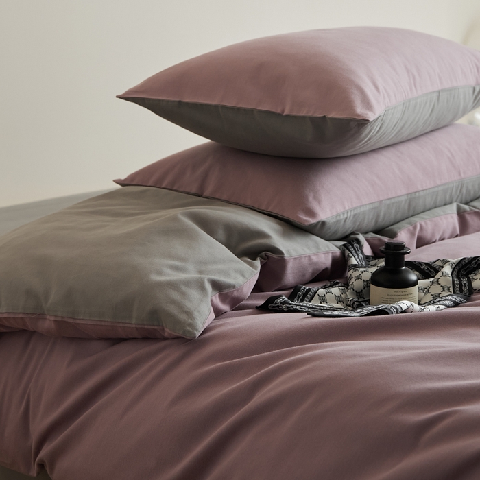 91家纺网 家纺一手货源 找家纺 眷恋家纺 2025新款A类全棉贡缎磨毛双拼色四件套 紫调