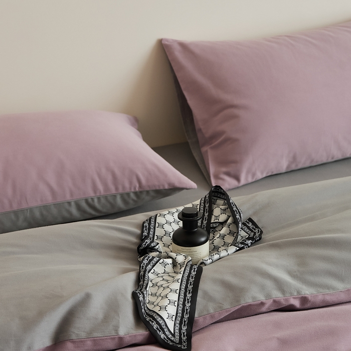 91家纺网 家纺一手货源 找家纺 眷恋家纺 2025新款A类全棉贡缎磨毛双拼色四件套 紫调