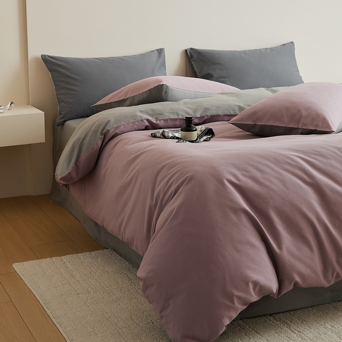 91家纺网 家纺一手货源 找家纺 眷恋家纺 2025新款A类全棉贡缎磨毛双拼色四件套 紫调