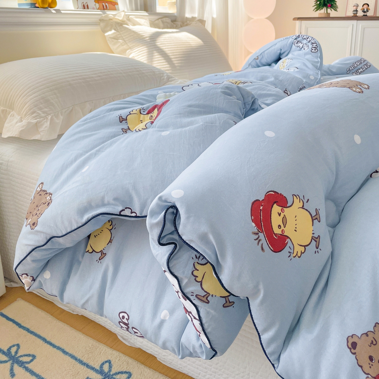 91家纺网 家纺一手货源 找家纺 寐居家纺 2025新款水洗棉印花冬被被子被芯 叮咚鸡