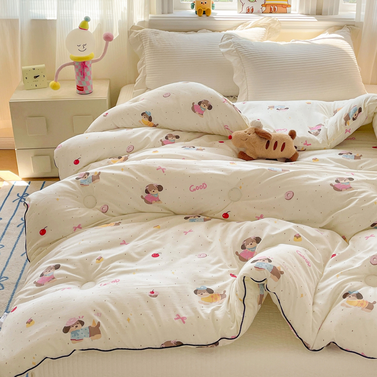 91家纺网 家纺一手货源 找家纺 寐居家纺 2025新款水洗棉印花冬被被子被芯 嘟嘟狗