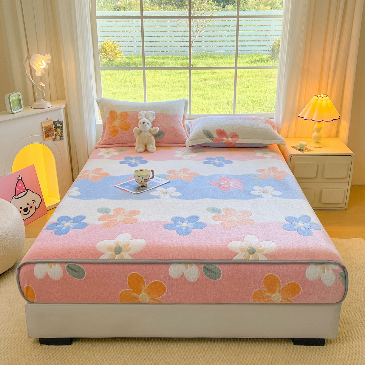 91家纺网 家纺一手货源 找家纺 牵梦萦家纺 2025新款雪花绒立体包边床笠 迷人花语