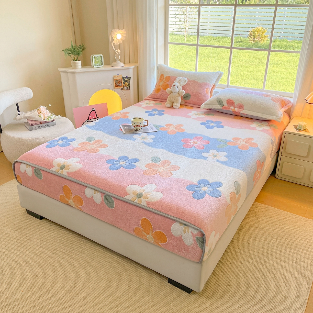 91家纺网 家纺一手货源 找家纺 牵梦萦家纺 2025新款雪花绒立体包边床笠 迷人花语