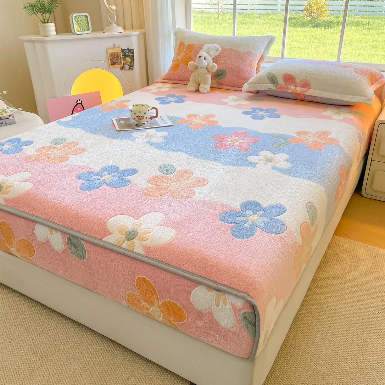 91家纺网 家纺一手货源 找家纺 牵梦萦家纺 2025新款雪花绒立体包边床笠 迷人花语