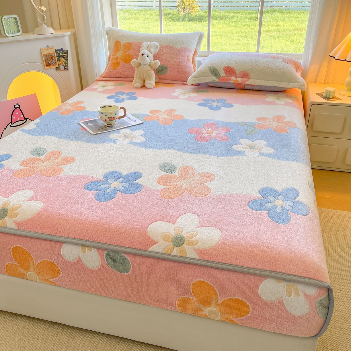 91家纺网 家纺一手货源 找家纺 牵梦萦家纺 2025新款雪花绒立体包边床笠 迷人花语