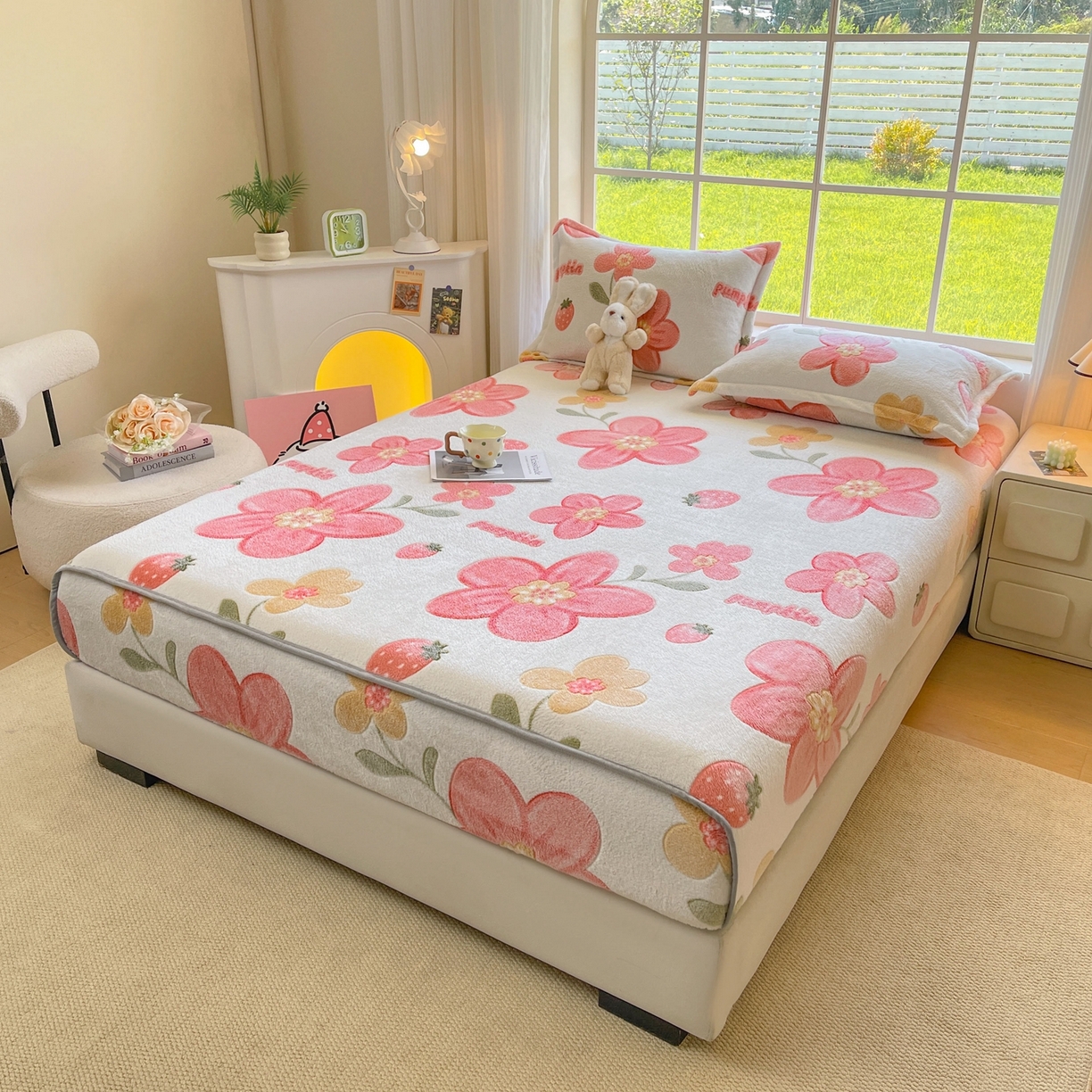 91家纺网 家纺一手货源 找家纺 牵梦萦家纺 2025新款雪花绒立体包边床笠 太阳花