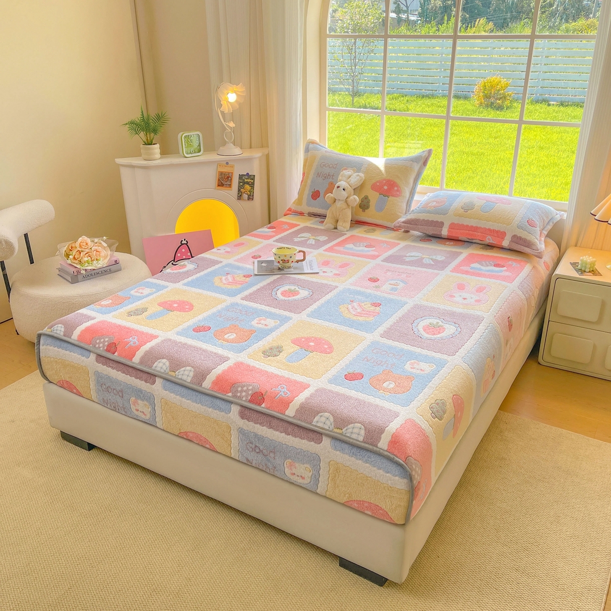 91家纺网 家纺一手货源 找家纺 牵梦萦家纺 2025新款雪花绒立体包边床笠 甜蜜日常