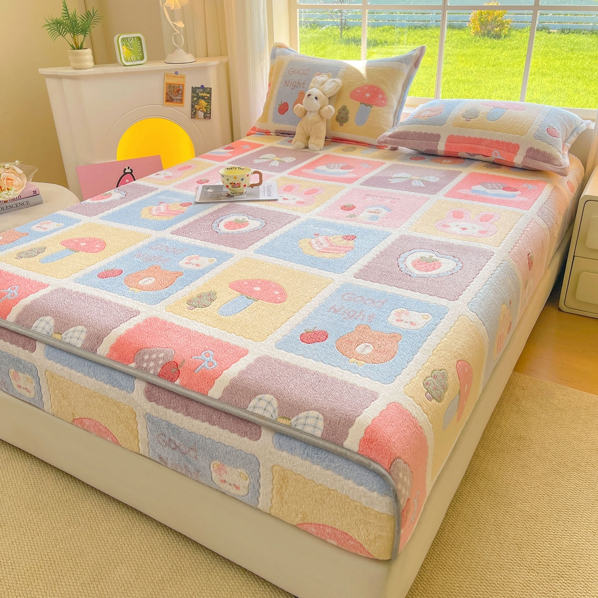 91家纺网 家纺一手货源 找家纺 牵梦萦家纺 2025新款雪花绒立体包边床笠 甜蜜日常