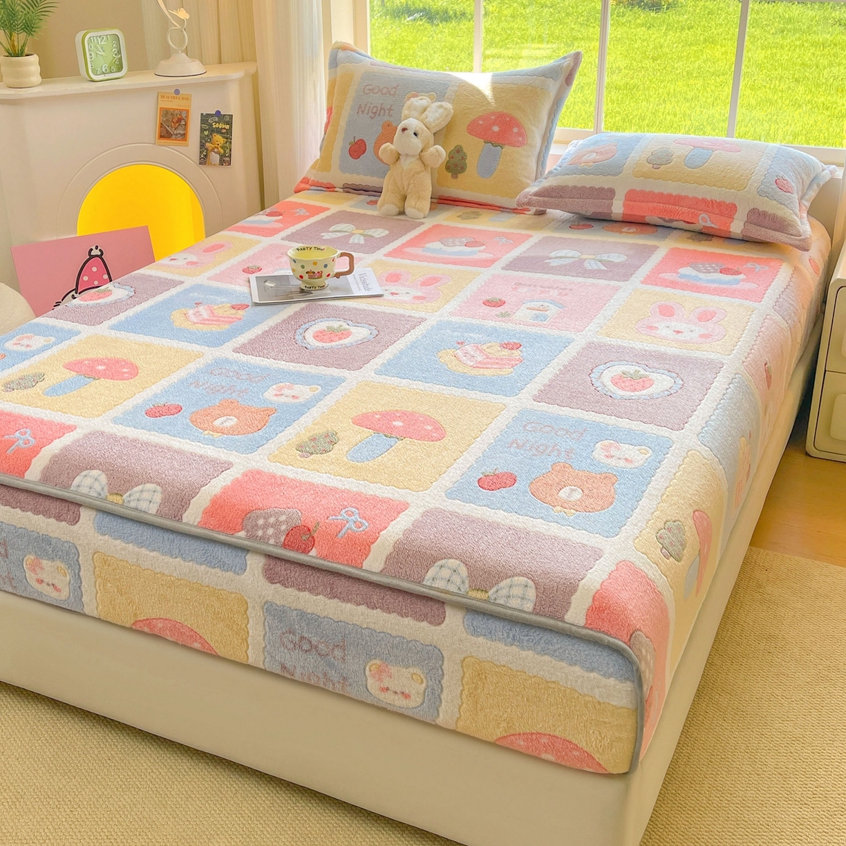 91家纺网 家纺一手货源 找家纺 牵梦萦家纺 2025新款雪花绒立体包边床笠 甜蜜日常