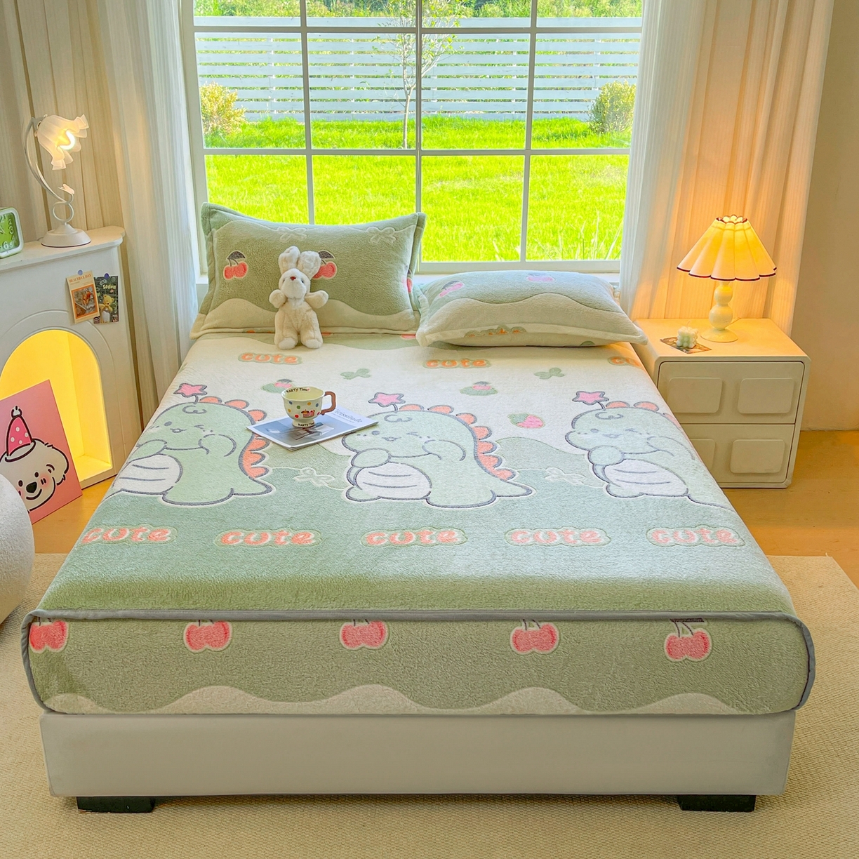 91家纺网 家纺一手货源 找家纺 牵梦萦家纺 2025新款雪花绒立体包边床笠 小恐龙