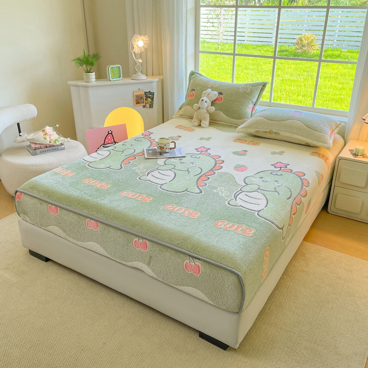 91家纺网 家纺一手货源 找家纺 牵梦萦家纺 2025新款雪花绒立体包边床笠 小恐龙