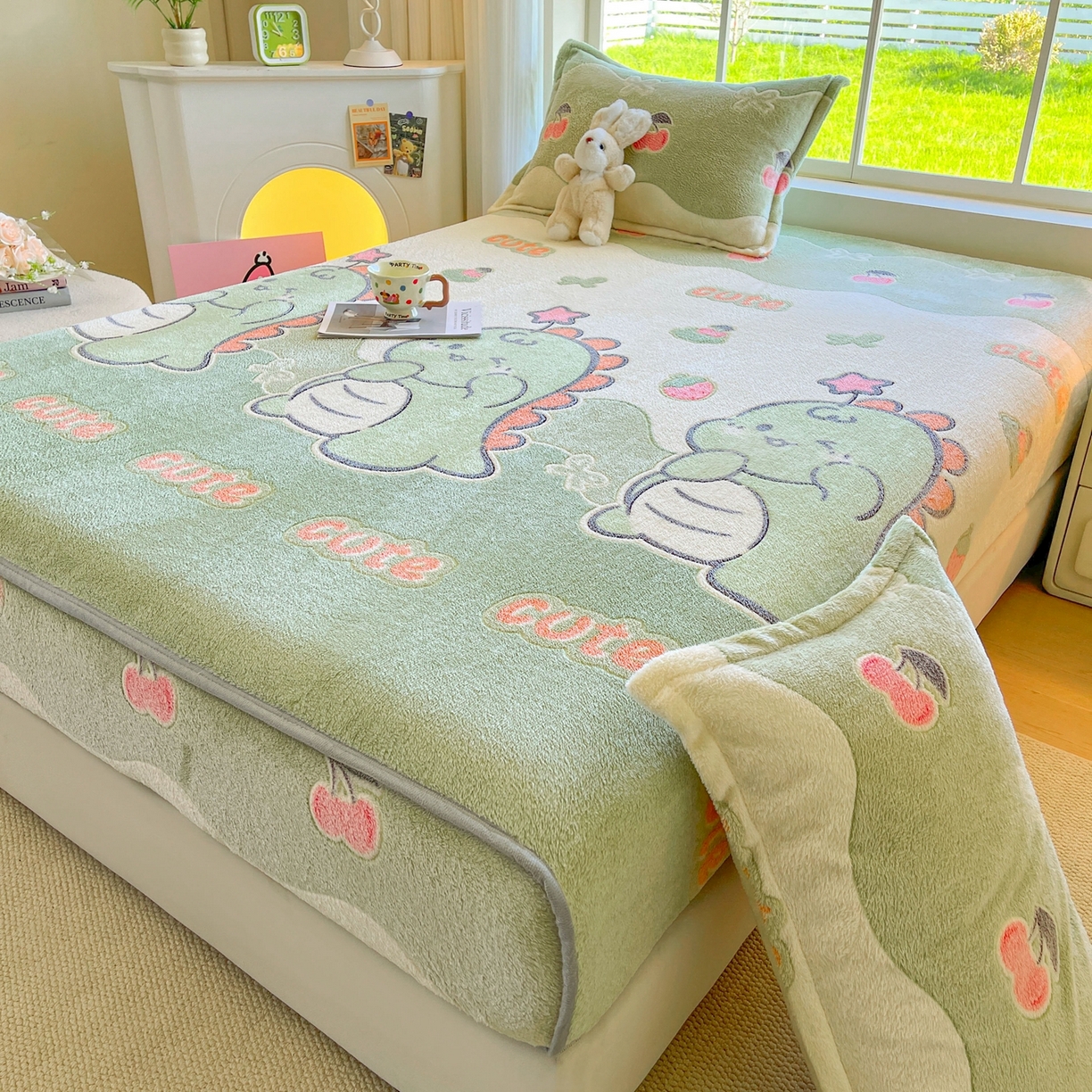 91家纺网 家纺一手货源 找家纺 牵梦萦家纺 2025新款雪花绒立体包边床笠 小恐龙