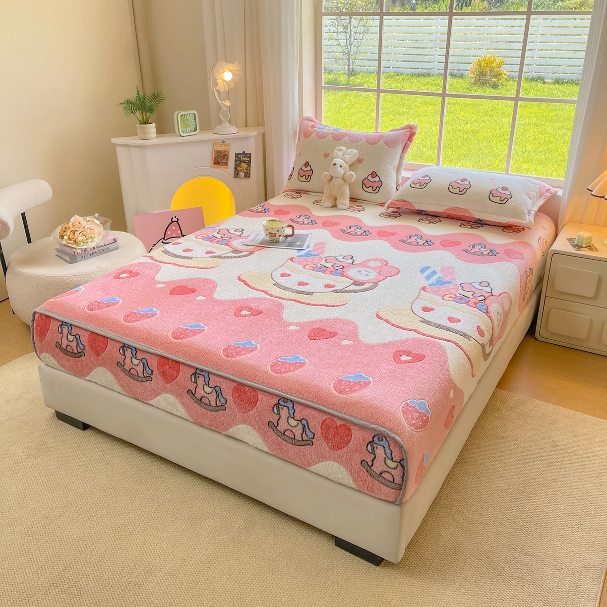 91家纺网 家纺一手货源 找家纺 牵梦萦家纺 2025新款雪花绒立体包边床笠 小熊冰激凌