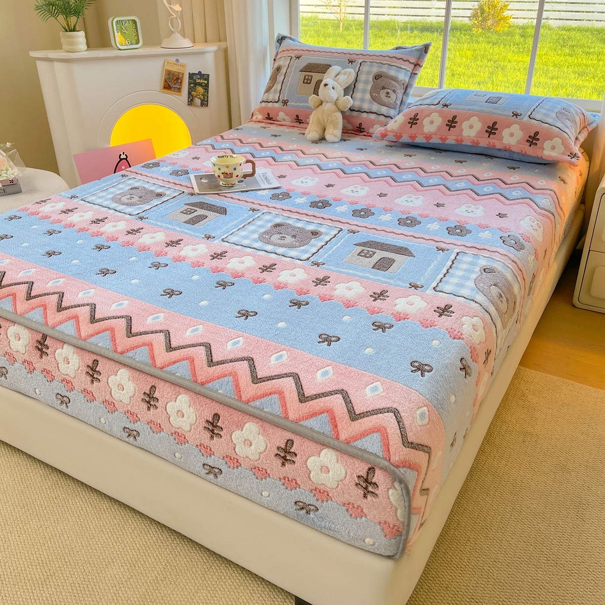 91家纺网 家纺一手货源 找家纺 牵梦萦家纺 2025新款雪花绒立体包边床笠 小熊乐园