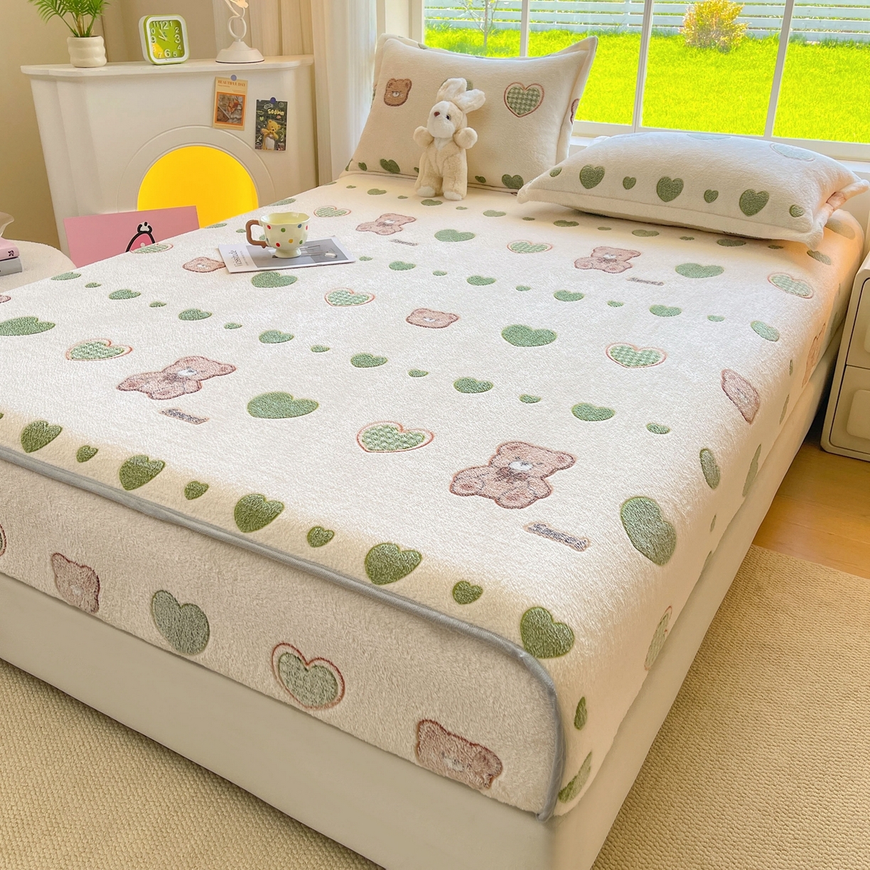 91家纺网 家纺一手货源 找家纺 牵梦萦家纺 2025新款雪花绒立体包边床笠 心动小熊