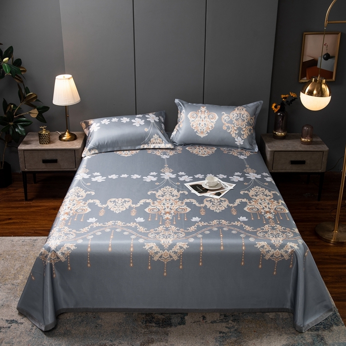 91家纺网 家纺一手货源 找家纺 梵克保罗 2025新款冰丝凉席床单款凉席三件套 落英缤纷-灰