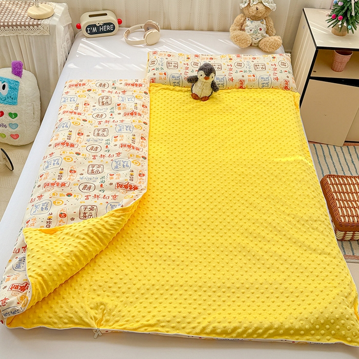 91家纺网 家纺一手货源 找家纺 十九色 2025新款亲肤舒适活套可拆全棉豆豆绒儿童睡袋防踢被 好运满满