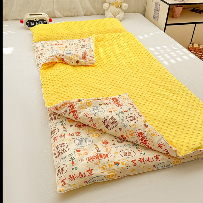 91家纺网 家纺一手货源 找家纺 十九色 2025新款亲肤舒适活套可拆全棉豆豆绒儿童睡袋防踢被 好运满满