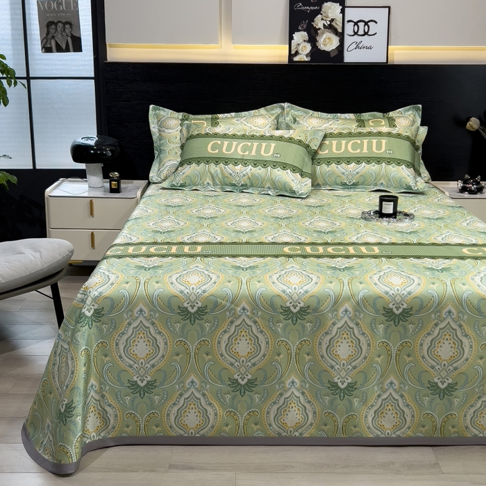 91家纺网 家纺一手货源 找家纺 梵克保罗 2025新款冰丝凉席床单款凉席三件套 春夏绿