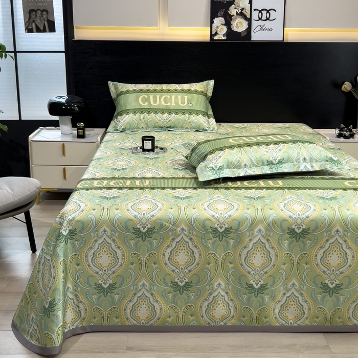 91家纺网 家纺一手货源 找家纺 梵克保罗 2025新款冰丝凉席床单款凉席三件套 春夏绿