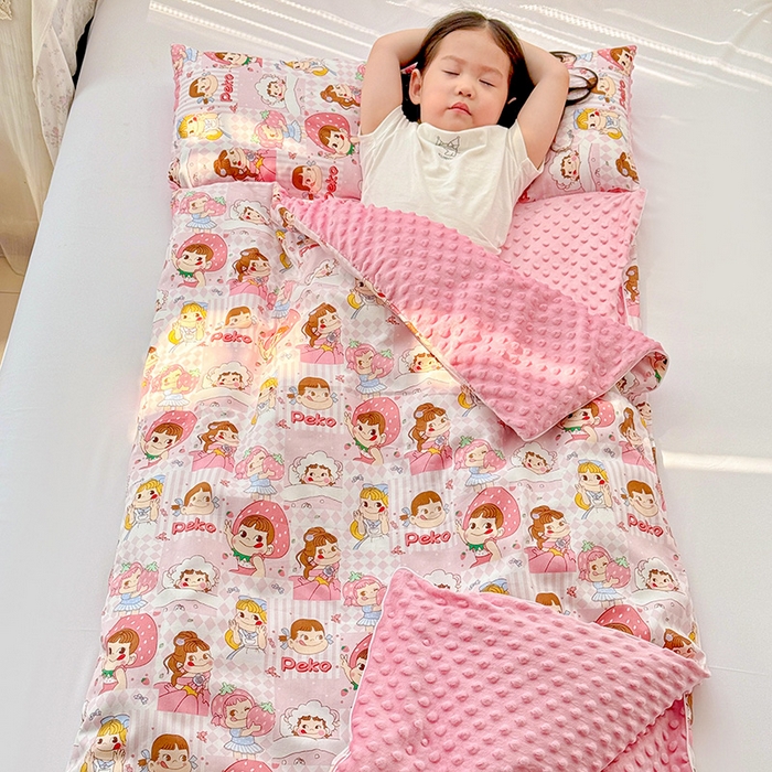 91家纺网 家纺一手货源 找家纺 十九色 2025新款亲肤舒适活套可拆全棉豆豆绒儿童睡袋防踢被 美味