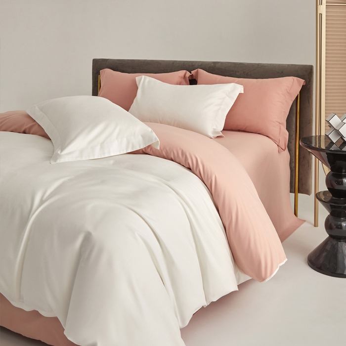 91家纺网 家纺一手货源 找家纺 柔觉家纺 新款50*50双股长绒棉纯色磨毛四件套 纯洁白-粉豆沙