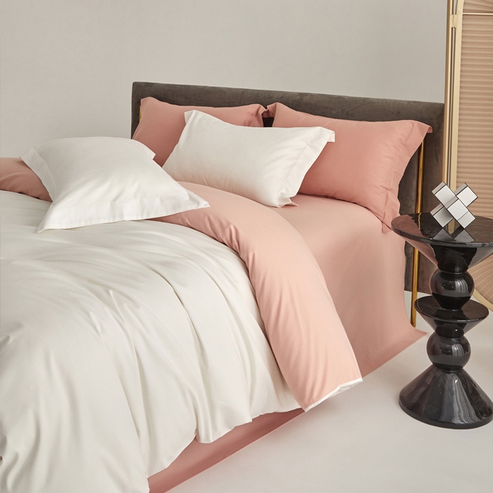 柔觉家纺 新款50*50双股长绒棉纯色磨毛四件套 纯洁白-粉豆沙