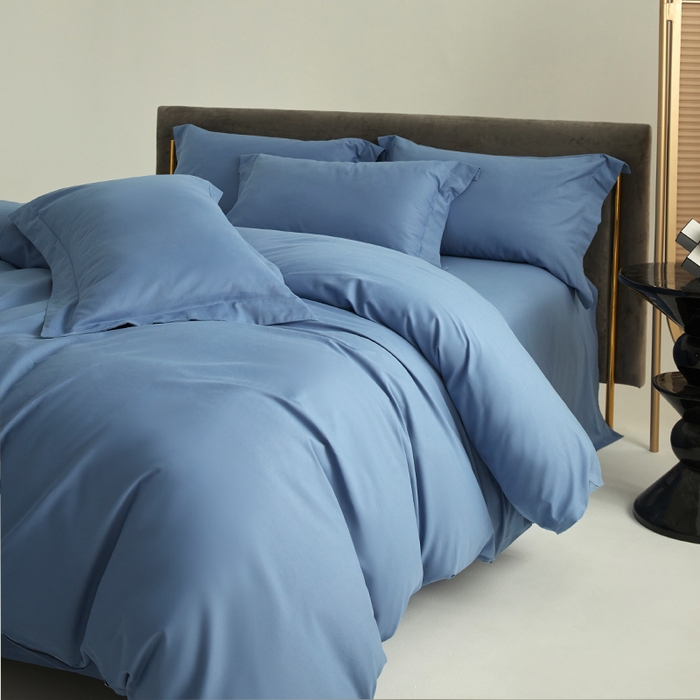 91家纺网 家纺一手货源 找家纺 柔觉家纺 新款50*50双股长绒棉纯色磨毛四件套 宾利蓝