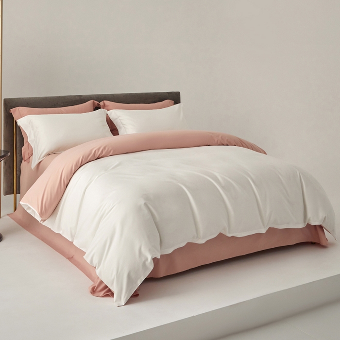 91家纺网 家纺一手货源 找家纺 柔觉家纺 新款50*50双股长绒棉纯色磨毛四件套 纯洁白-粉豆沙