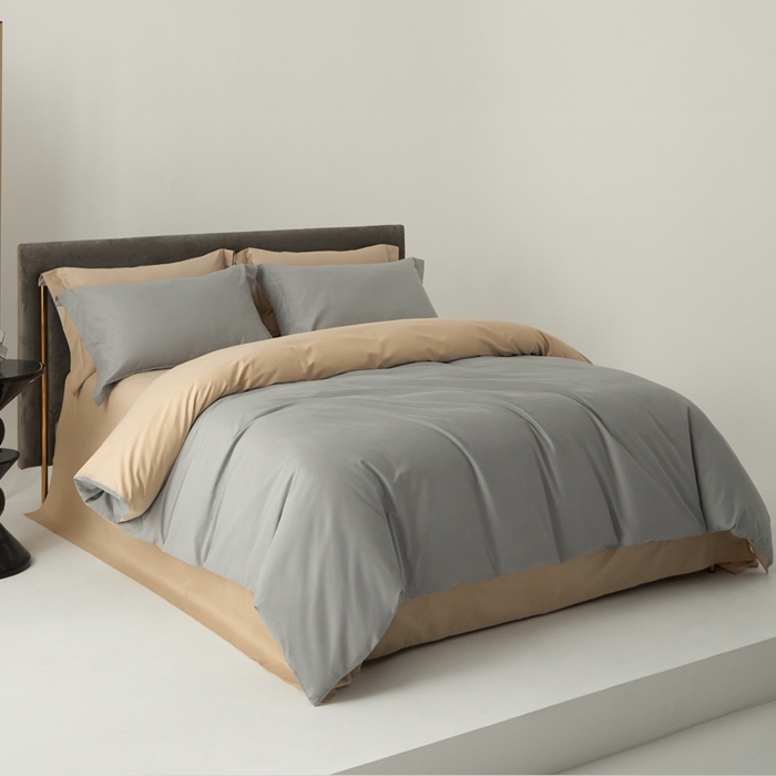 91家纺网 家纺一手货源 找家纺 柔觉家纺 新款50*50双股长绒棉纯色磨毛四件套 浅银灰-香槟金