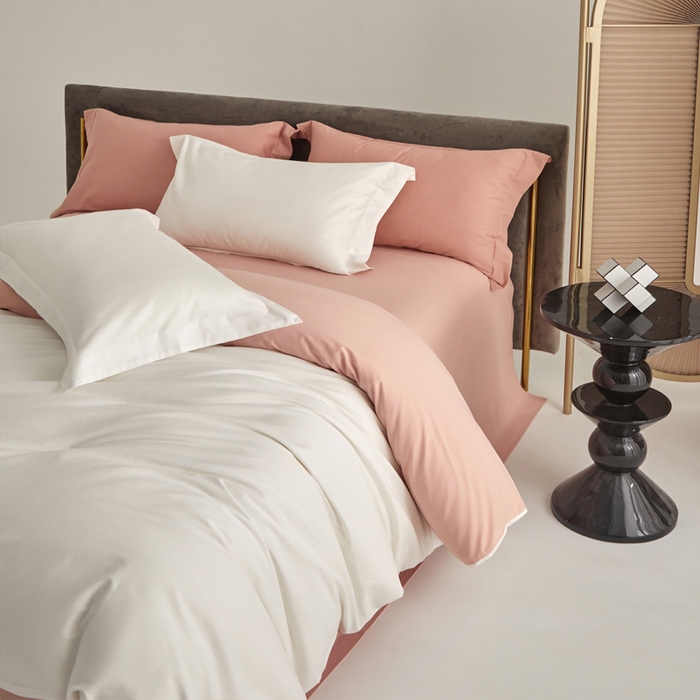 91家纺网 家纺一手货源 找家纺 柔觉家纺 新款50*50双股长绒棉纯色磨毛四件套 纯洁白-粉豆沙