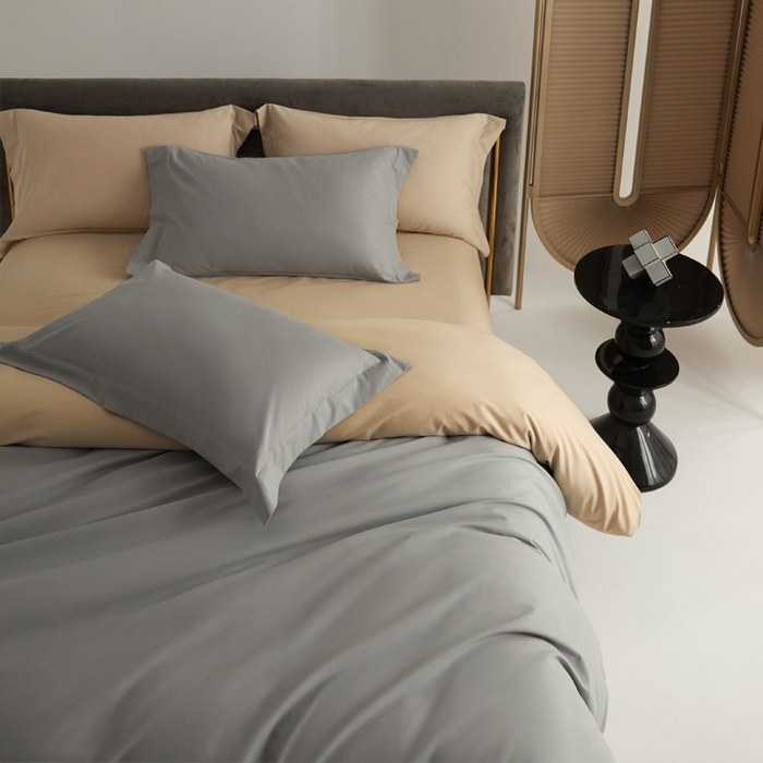 91家纺网 家纺一手货源 找家纺 柔觉家纺 新款50*50双股长绒棉纯色磨毛四件套 浅银灰-香槟金