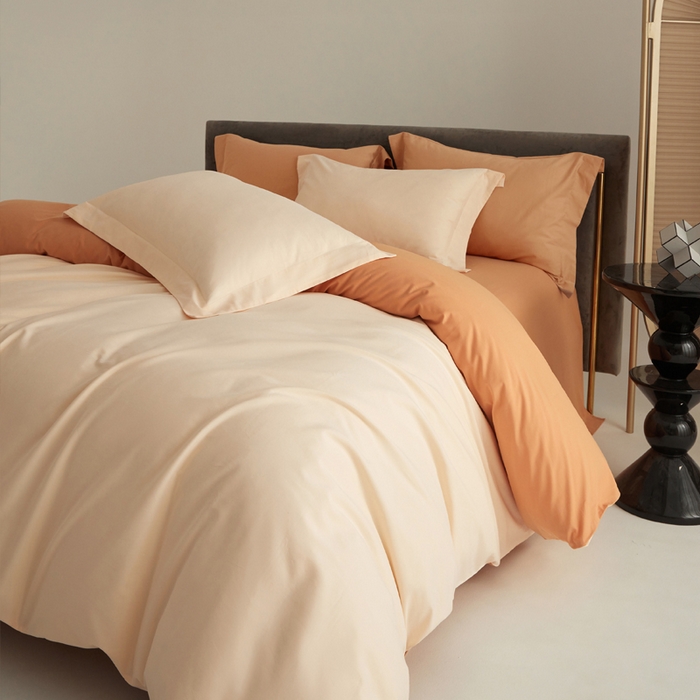 91家纺网 家纺一手货源 找家纺 柔觉家纺 新款50*50双股长绒棉纯色磨毛四件套 香草色-甜蜜橘