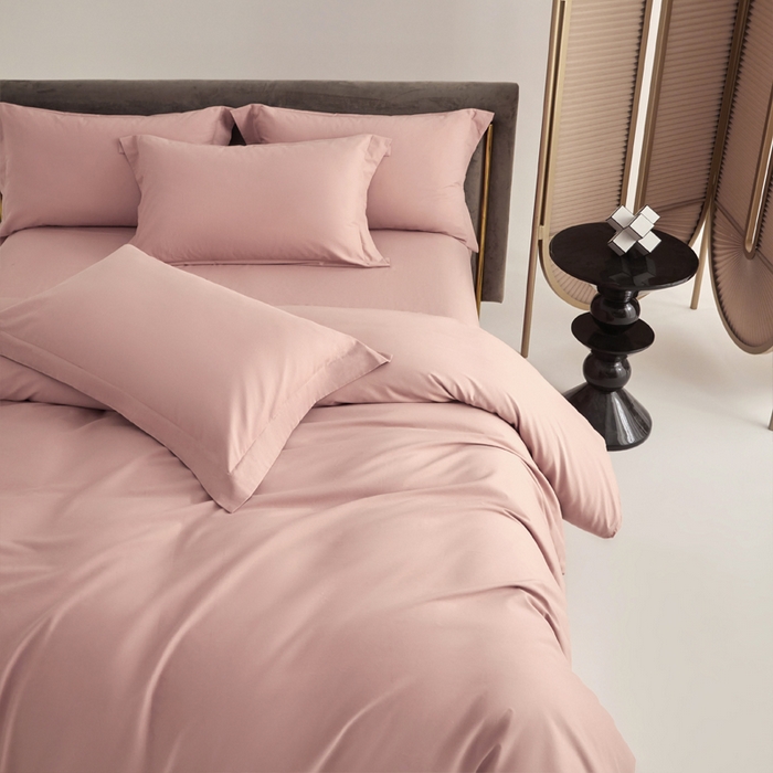 91家纺网 家纺一手货源 找家纺 柔觉家纺 新款50*50双股长绒棉纯色磨毛四件套 海棠色