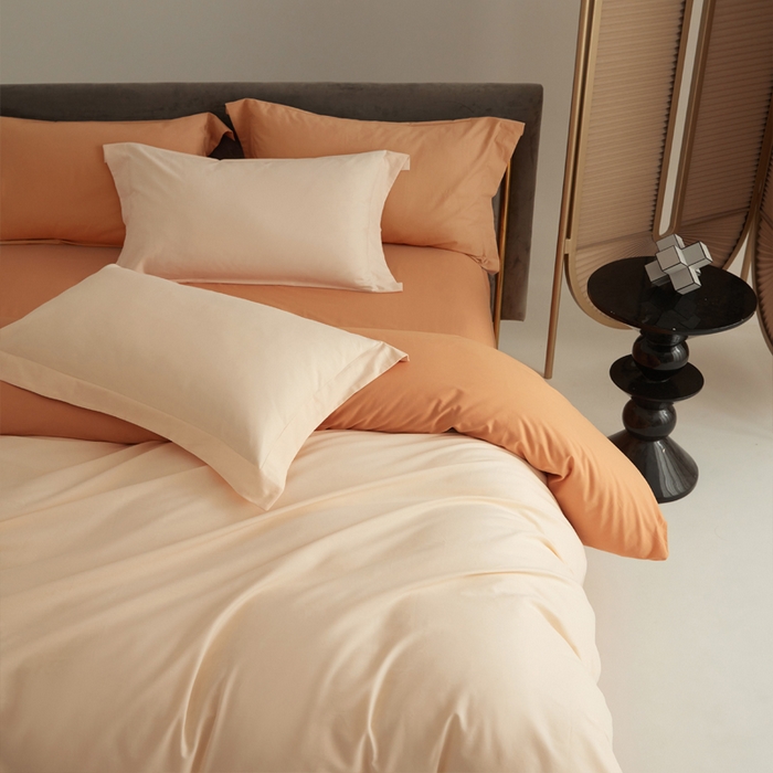 91家纺网 家纺一手货源 找家纺 柔觉家纺 新款50*50双股长绒棉纯色磨毛四件套 香草色-甜蜜橘