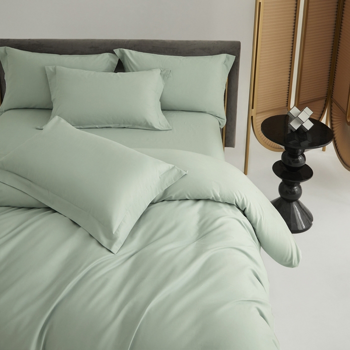 91家纺网 家纺一手货源 找家纺 柔觉家纺 新款50*50双股长绒棉纯色磨毛四件套 嫰果绿