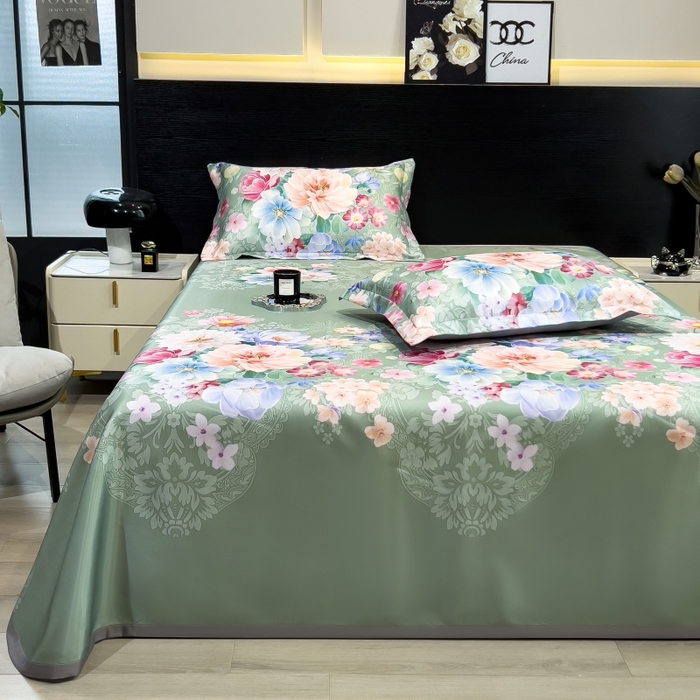 91家纺网 家纺一手货源 找家纺 梵克保罗 2025新款冰丝凉席床单款凉席三件套 繁花