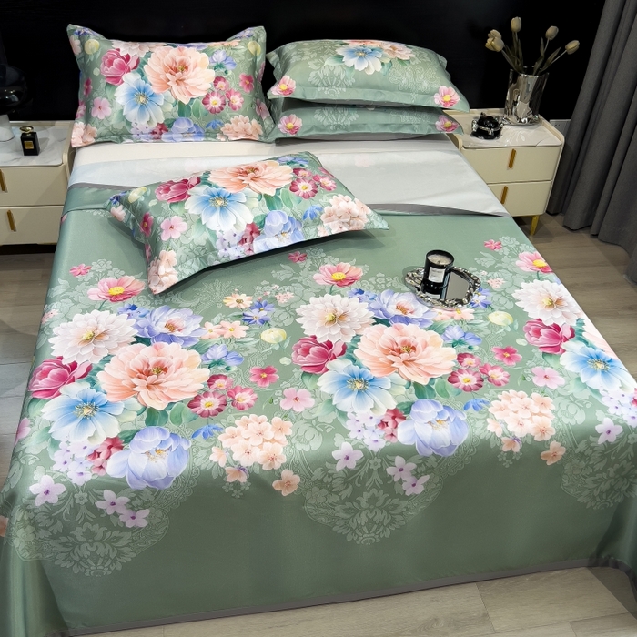 91家纺网 家纺一手货源 找家纺 梵克保罗 2025新款冰丝凉席床单款凉席三件套 繁花